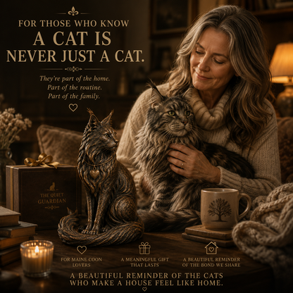 The Quiet Guardian Maine Coon Sculpture – Vintage-Inspired Cat Keepsake with Heart Charm