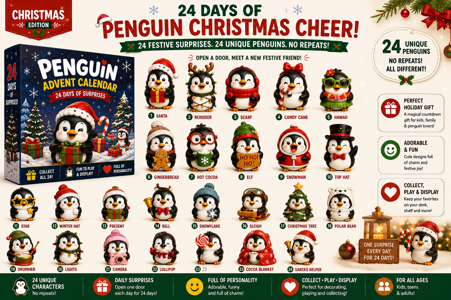 🐧 24 Days of Penguin Surprises Advent Calendar – 24 Unique Penguins, 3 Fun Editions