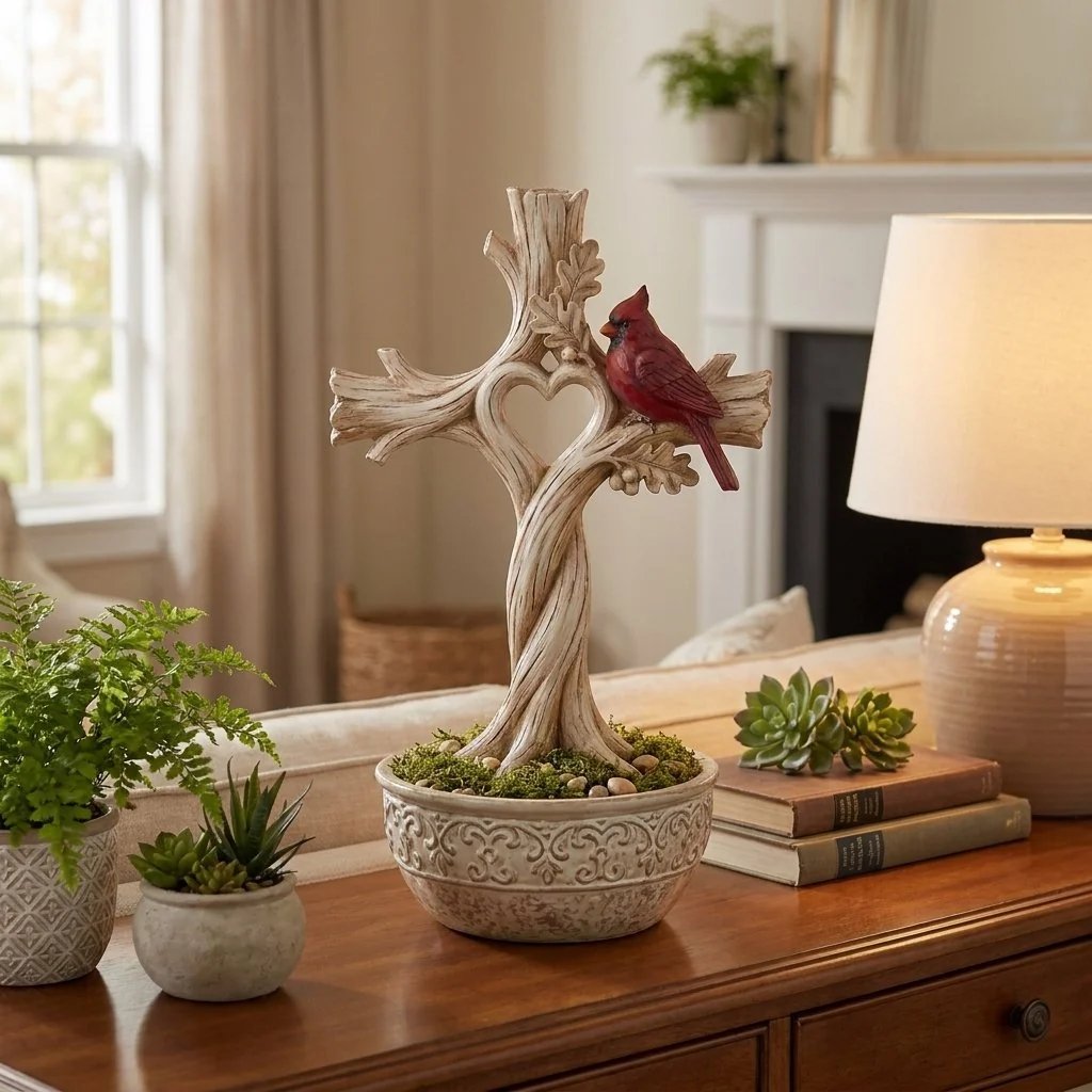 🔥🔥Cardinal Heart Tree Cross – Hand-Carved Solid Wood Decor