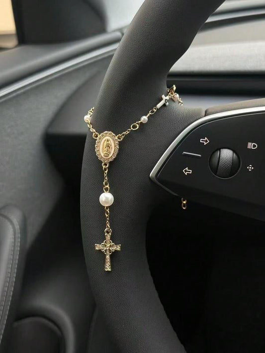 🚗 Unique Retro Steering Wheel Rosary Pendant