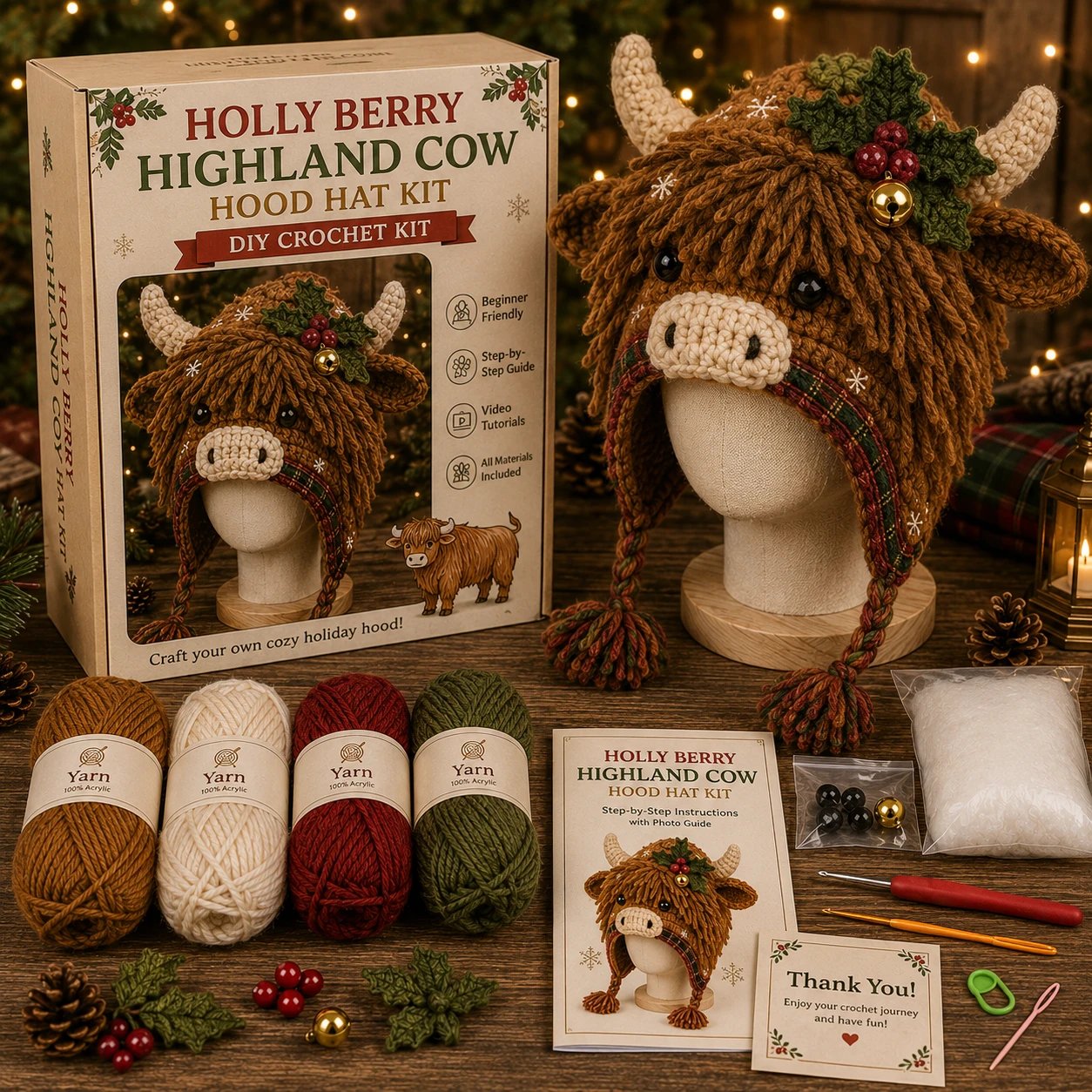 Highland Cow Hood Hat DIY Crochet Kit