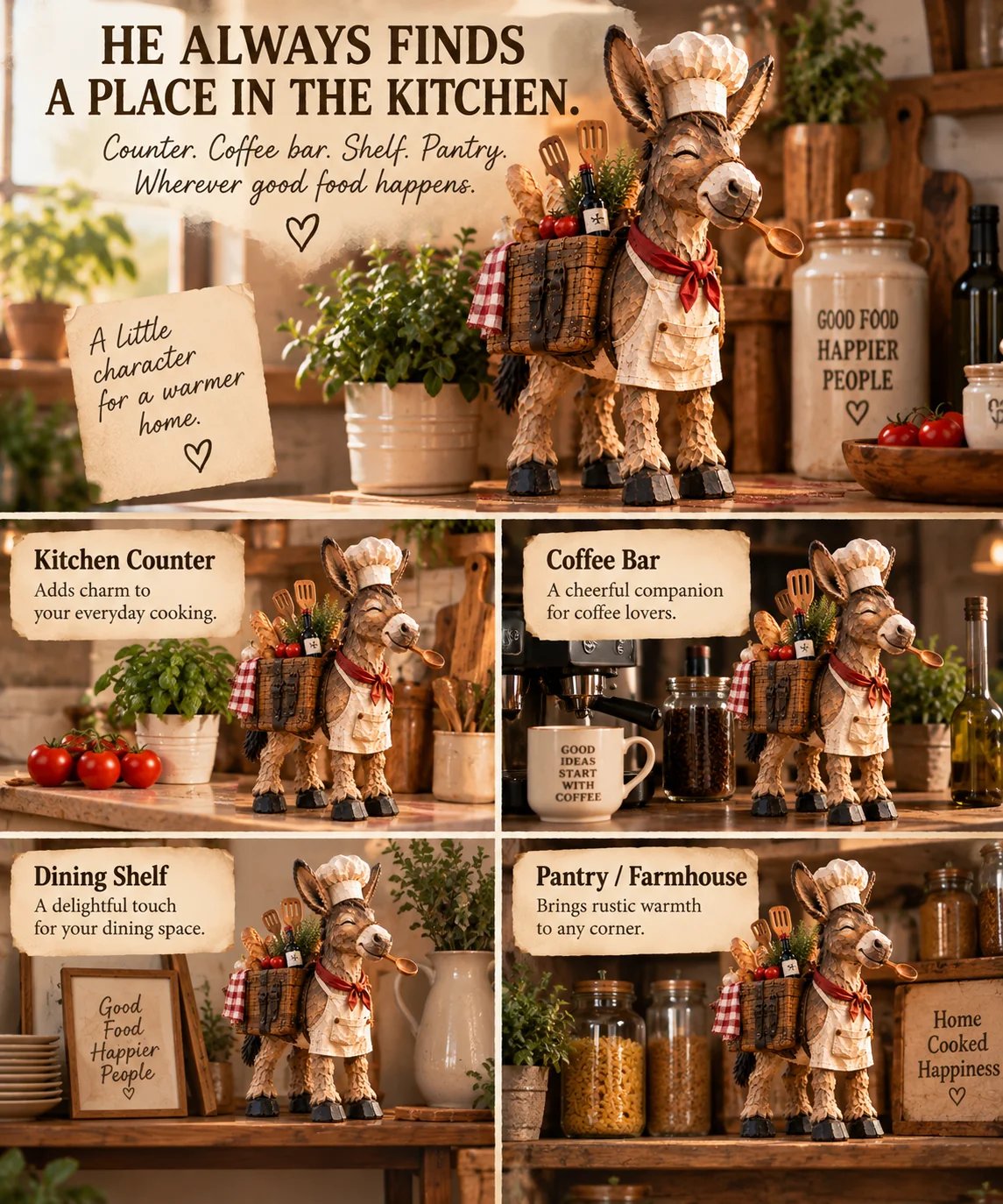 The Stubborn Little Chef — Carved Kitchen Donkey Figurine