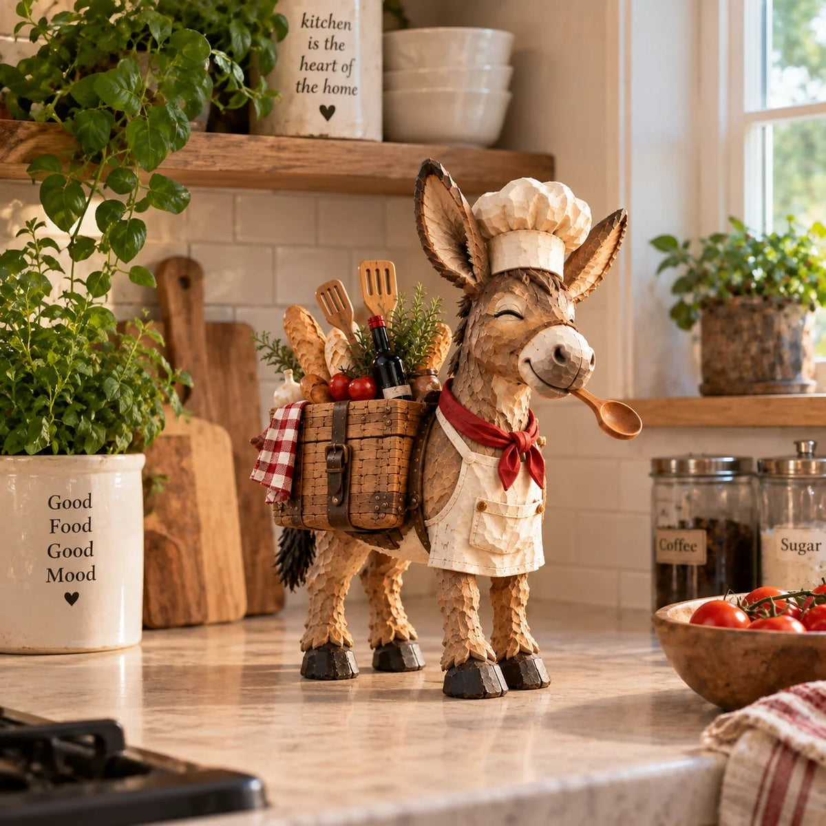 The Stubborn Little Chef — Carved Kitchen Donkey Figurine
