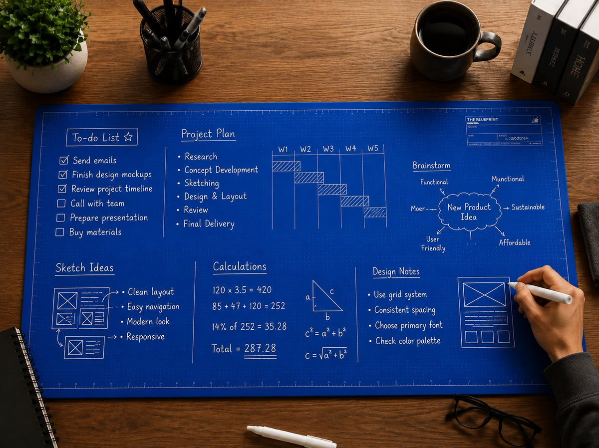 🤩The Blueprint Deskmat Includes the Blueprint Marker💻✏️ A Double-Sided Deskmat to Draw, Erase & Redraw As Needed. 🎁