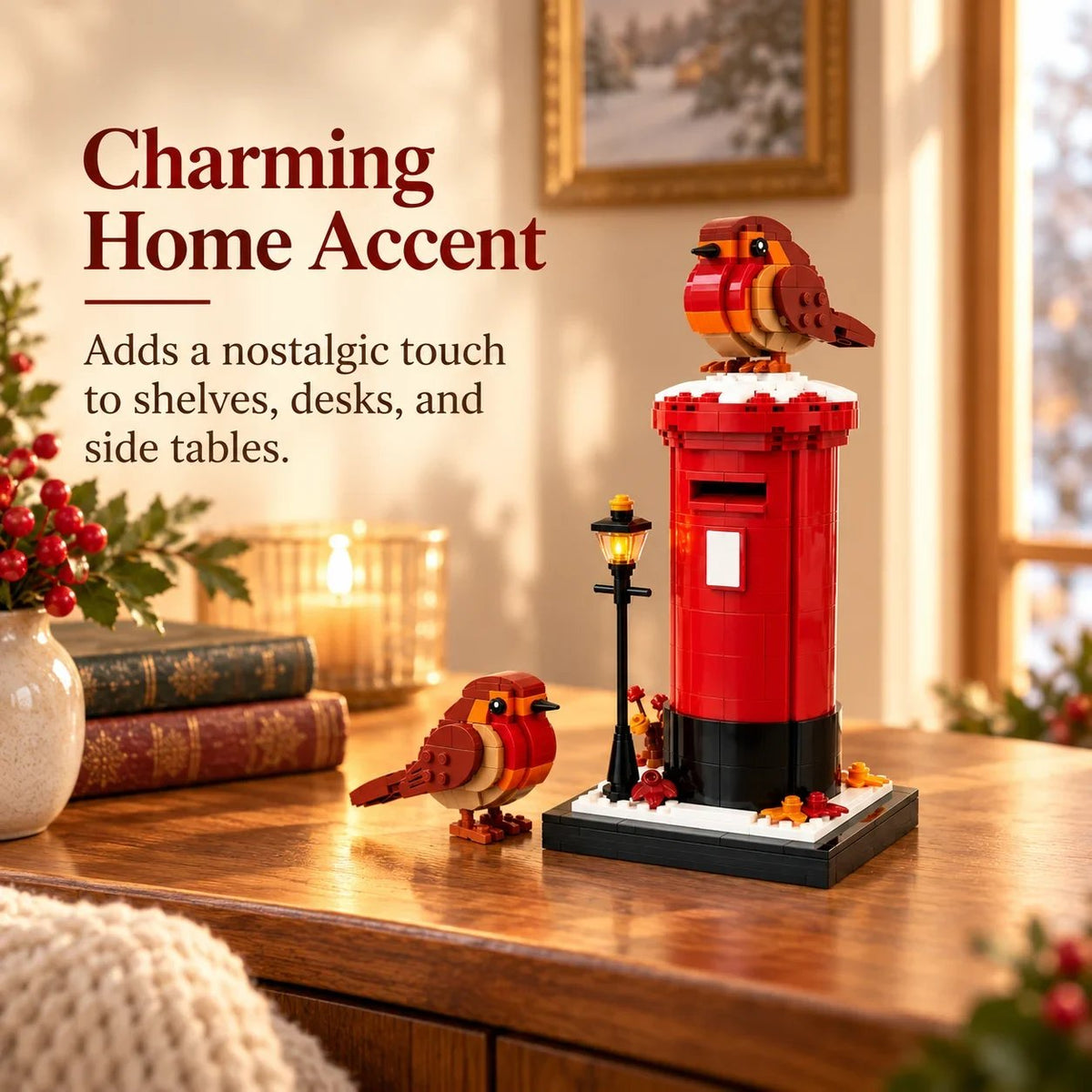 Vintage British Robin & Postbox Brick Display Set – Classic Red Mailbox Model with Robin Figures & Decorative Base