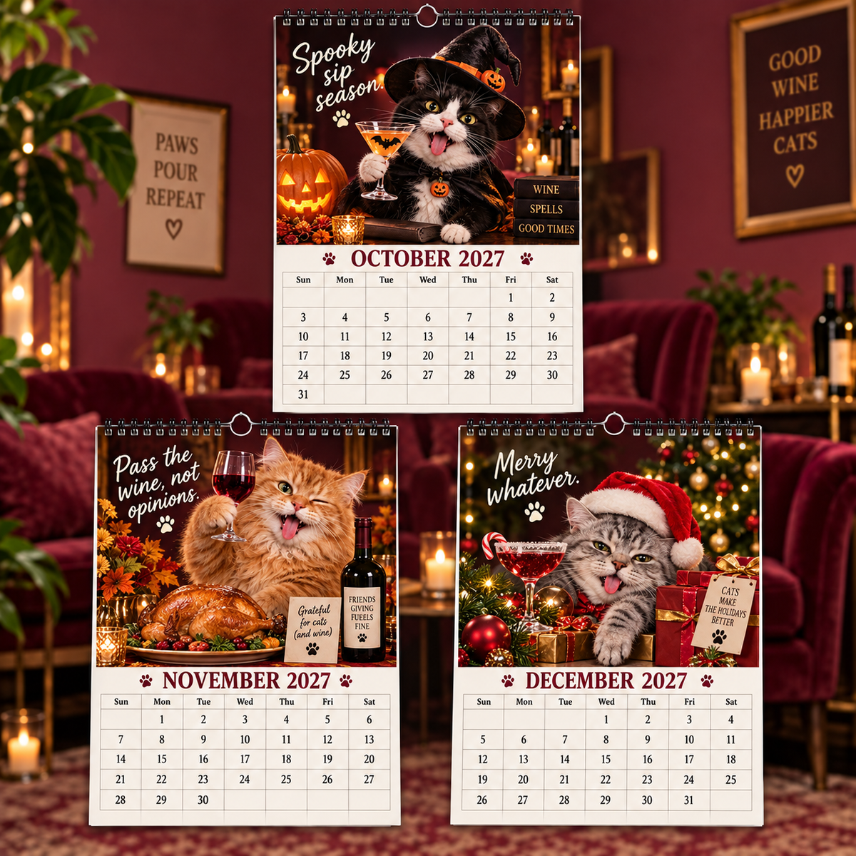 Tipsy Cats 2027 Wall Calendar - Funny Drunken Wine‑Loving Cat Monthly Wall‑Hanging Calendar, Humorous Cat Art, Sunday‑Start Spiral Calendar, Fun Gift for Cat & Wine Lovers