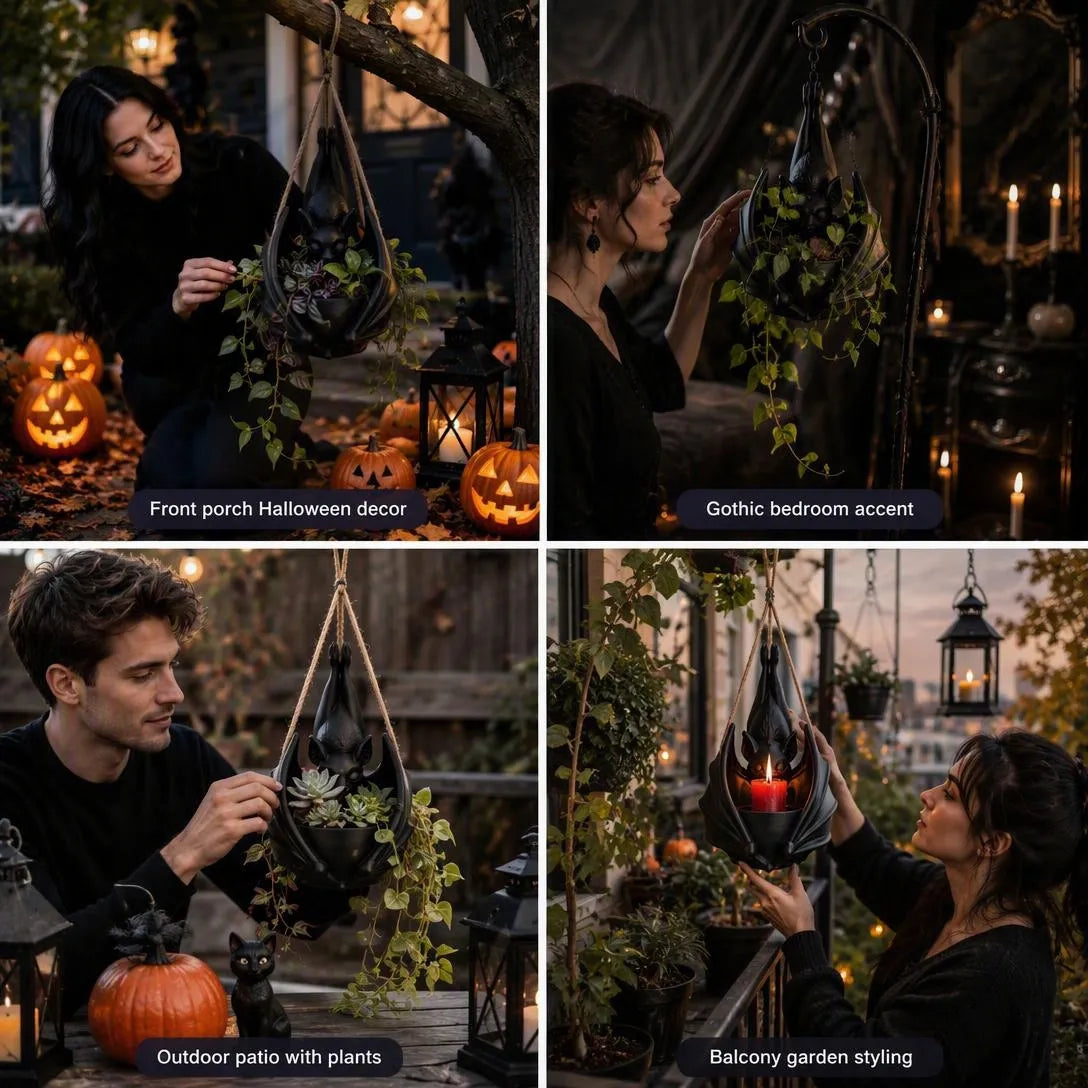 Gothic Bat Hanging Planter For Halloween Decor