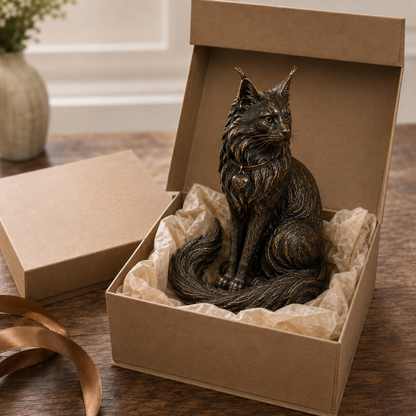 The Quiet Guardian Maine Coon Sculpture – Vintage-Inspired Cat Keepsake with Heart Charm