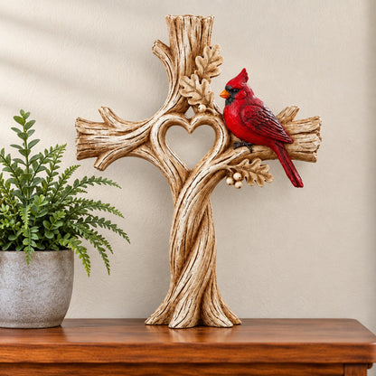 🔥🔥Cardinal Heart Tree Cross – Hand-Carved Solid Wood Decor
