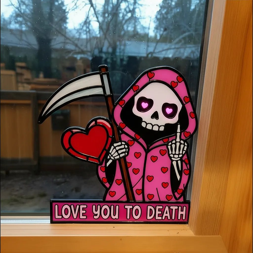 "Love You To Death" Grim Reaper Window Corner Suncatcher | Pastel Goth Valentine's Decor