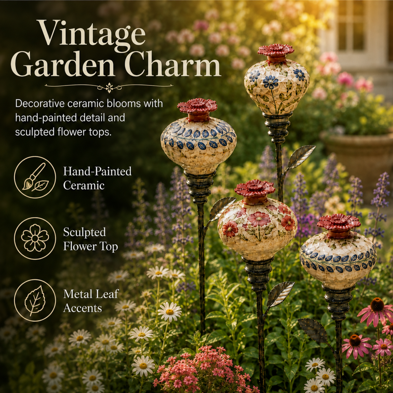 🌿 Vintage Ceramic Garden Stake – Handcrafted Floral Charm for Your Flower Beds 🌺