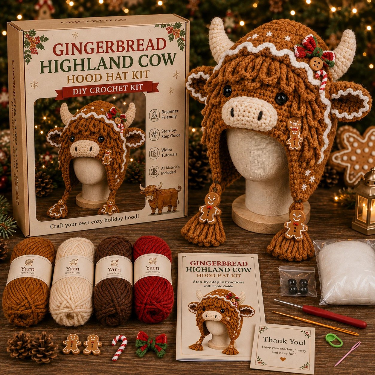 Highland Cow Hood Hat DIY Crochet Kit