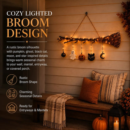 🔥 Limited-Time 49% OFF 🍂 Lighted Fall Broom Wall Hanging – Cozy Halloween & Autumn Decor