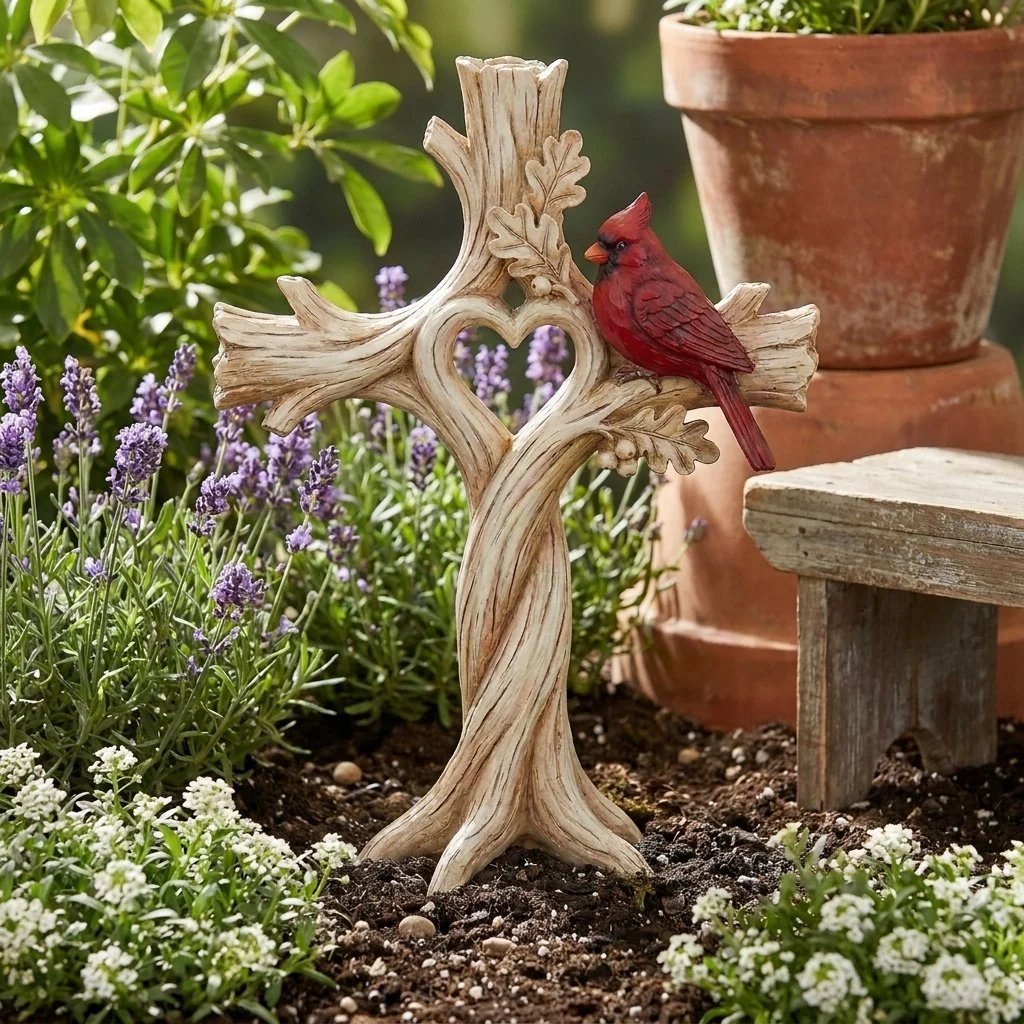🔥🔥Cardinal Heart Tree Cross – Hand-Carved Solid Wood Decor