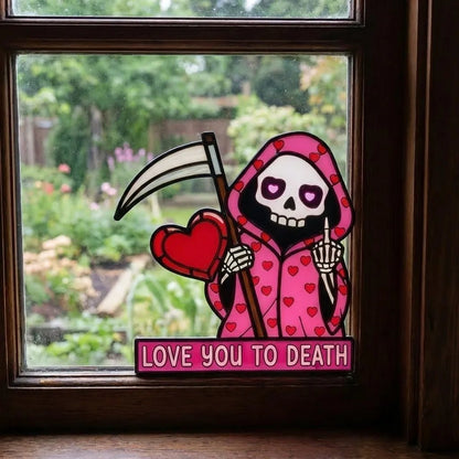 "Love You To Death" Grim Reaper Window Corner Suncatcher | Pastel Goth Valentine's Decor