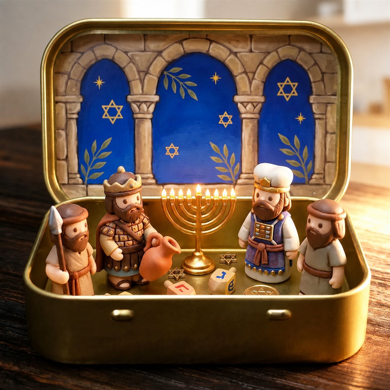 Council by Candlelight - A Miniature Hanukkah Menorah Diorama in a Golden Keepsake Tin