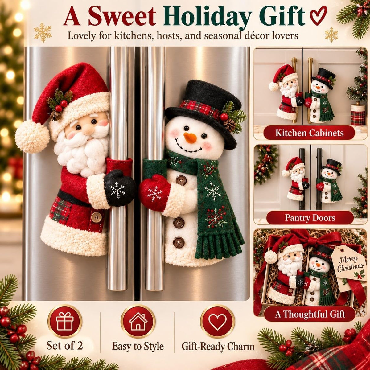 🎅Christmas Santa & Snowman Plush Fridge Handle Huggers | Kitchen Holiday Decor