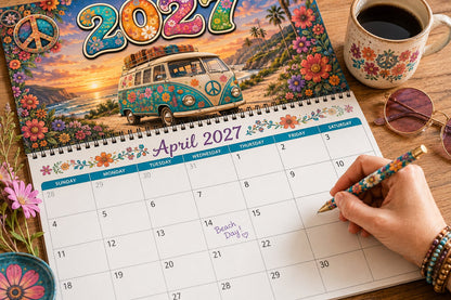 🌼2027 Hippie Boho Wall Calendar – Retro Road Trip Calendar