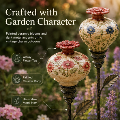 🌿 Vintage Ceramic Garden Stake – Handcrafted Floral Charm for Your Flower Beds 🌺