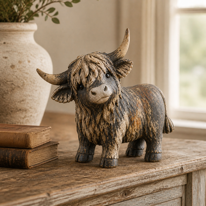 Rustic Highland Cow Figurine — Charming Farmhouse Tabletop Decor
