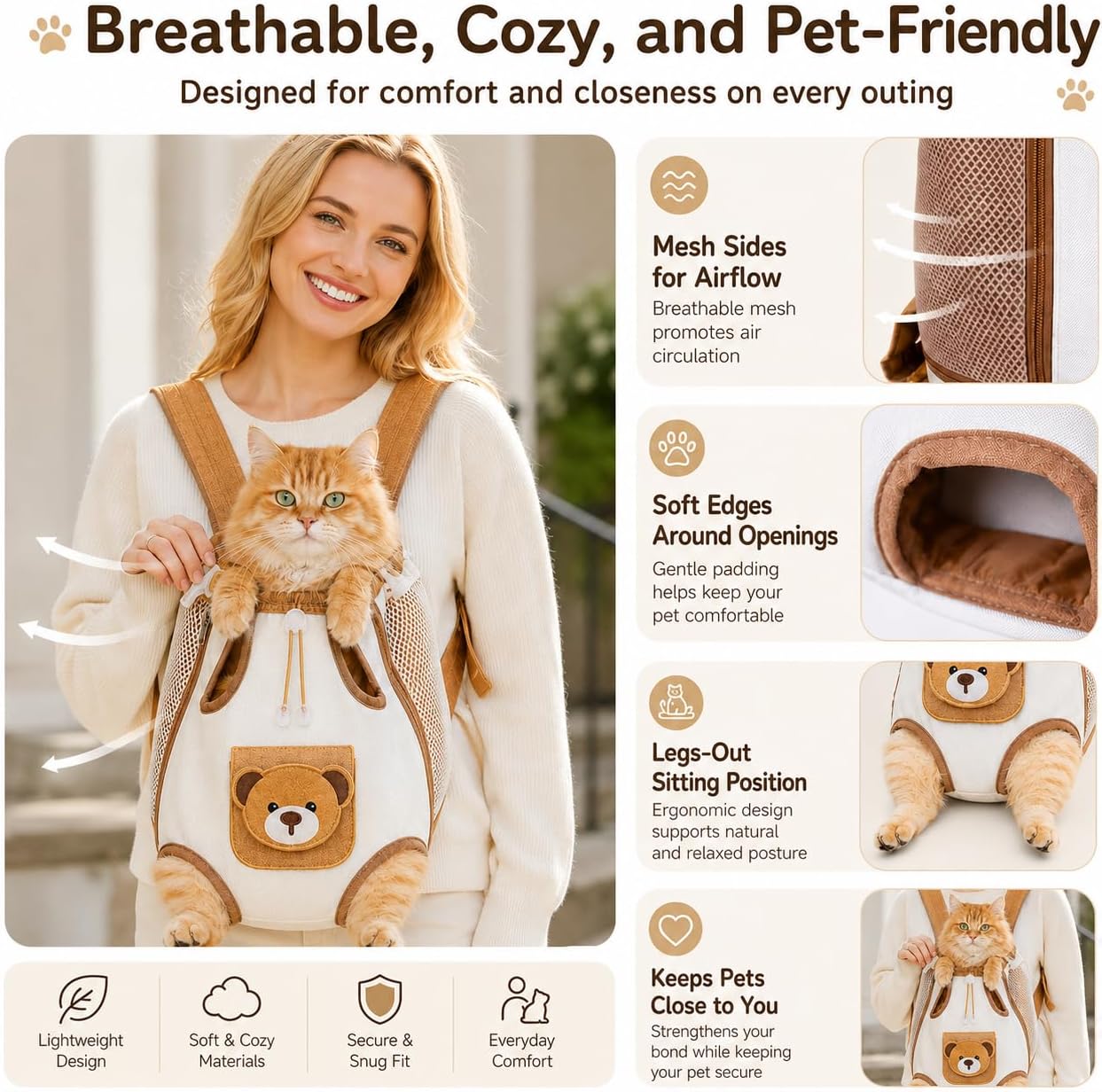 🎉Cute Bear Design Front Pet Carrier Backpack, Breathable Adjustable Hands-Free Travel Chest Bag for Cats Small Dogs Walking Shopping Vet Visits