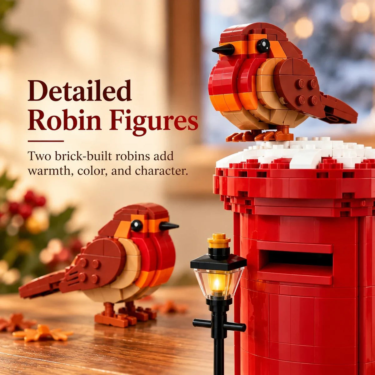 Vintage British Robin & Postbox Brick Display Set – Classic Red Mailbox Model with Robin Figures & Decorative Base