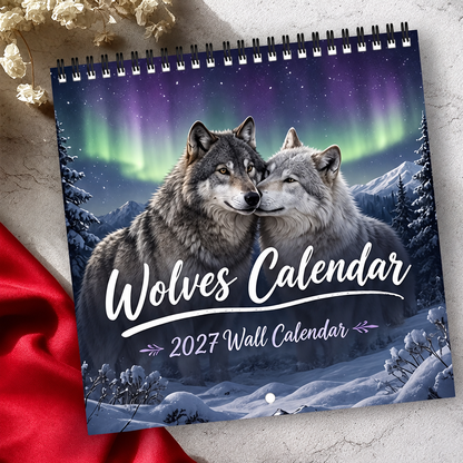 Wolves Calendar 2027 Wall Calendar – Northern Lights Wolf Calendar, Snow Mountain Wildlife Decor, Gift For Wolf Lovers