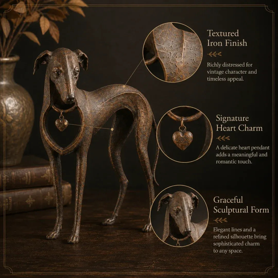 Heritage Heart Sighthound Sculpture – Vintage Iron Dog Accent for Timeless Interiors