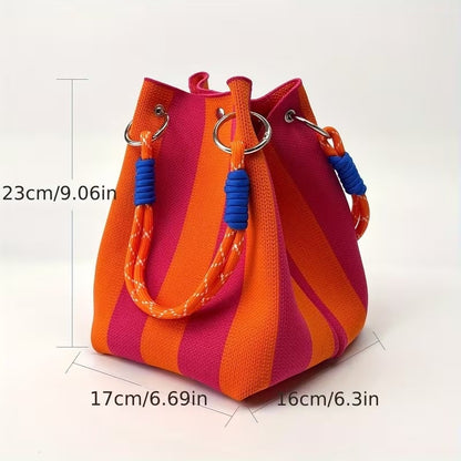 🏆👜 Limited-Time Sale: 49% OFF 🌴 Boho Striped Knit Bucket Handbag for Women – Handmade Summer Beach Shoulder Bag