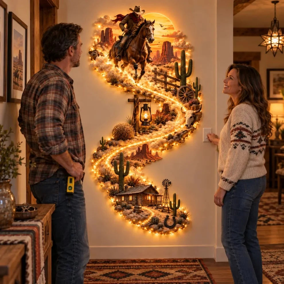 🤠 Western Cowboy Led Wall Decor – Lighted Wild West Desert Scene With Horseback Rider, Cactus & Ranch Details