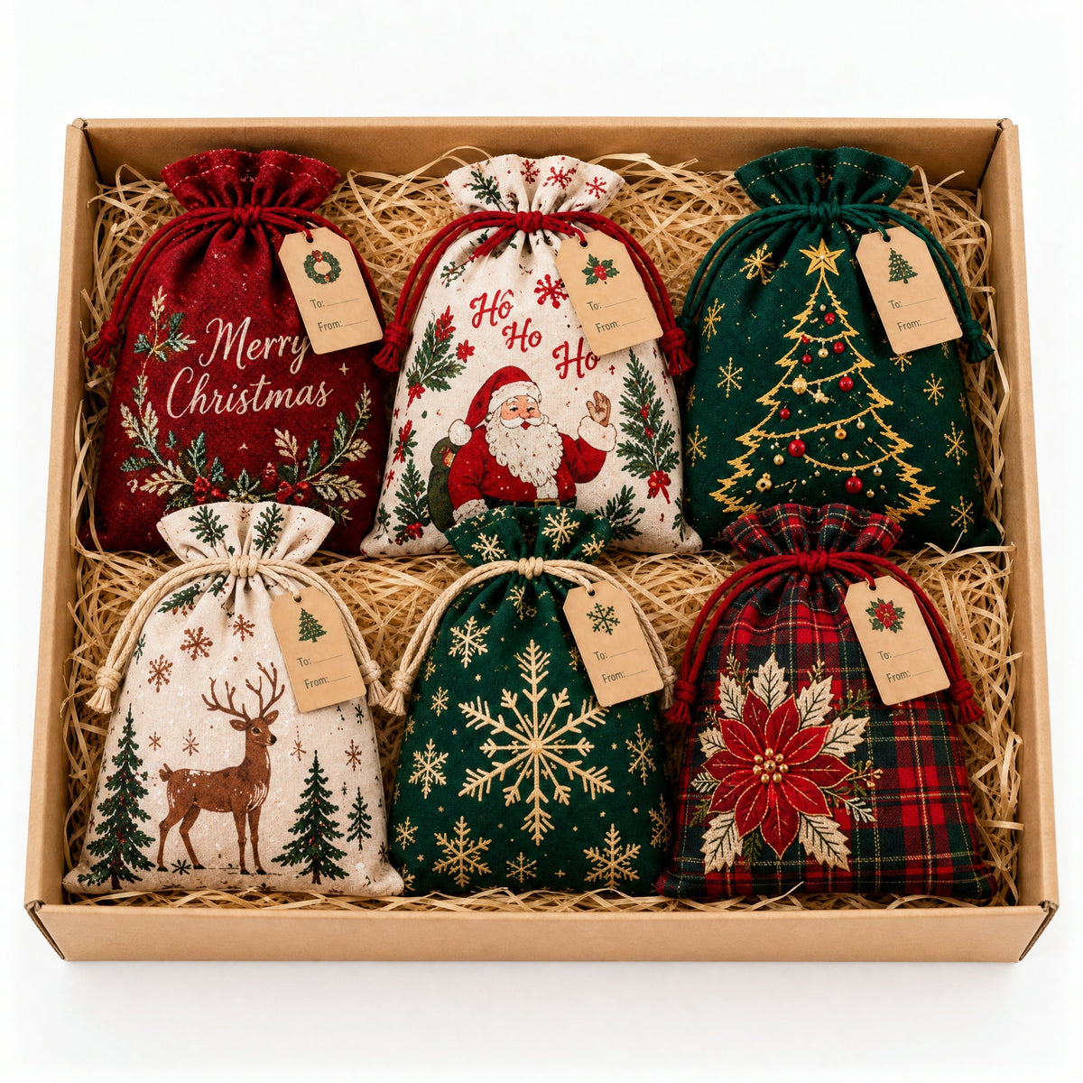 🎁 Wrap in Magic: Christmas Gift Sacks (6Pcs Santa & Reindeer Linen Drawstring Pouches)
