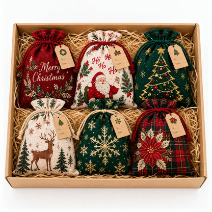 🎁 Wrap in Magic: Christmas Gift Sacks (6Pcs Santa & Reindeer Linen Drawstring Pouches)