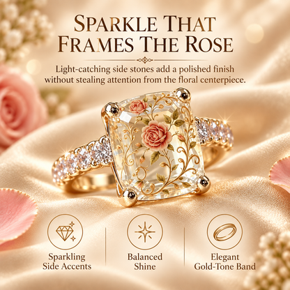 Vintage Rose Floral Crystal Statement Ring with Gold-Tone Band