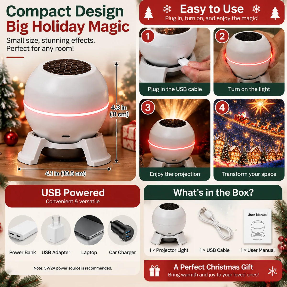 🔥LAST DAY 49% OFF -🎄 Magical Christmas Projection Night Light – Transform Any Room Into A Holiday Wonderland