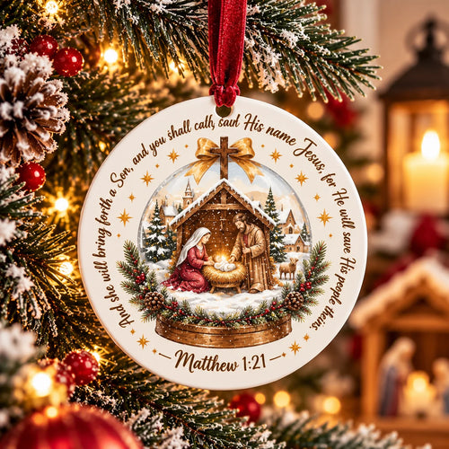 Nativity Scene Matthew 1:21 Christmas Ceramic Ornament