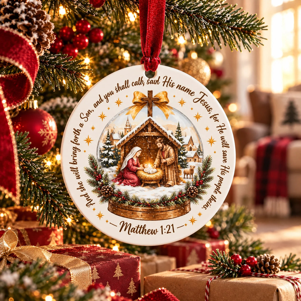 Nativity Scene Matthew 1:21 Christmas Ceramic Ornament