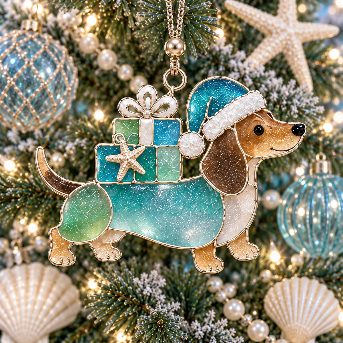 Coastal Dachshund Sea Glass Ornament