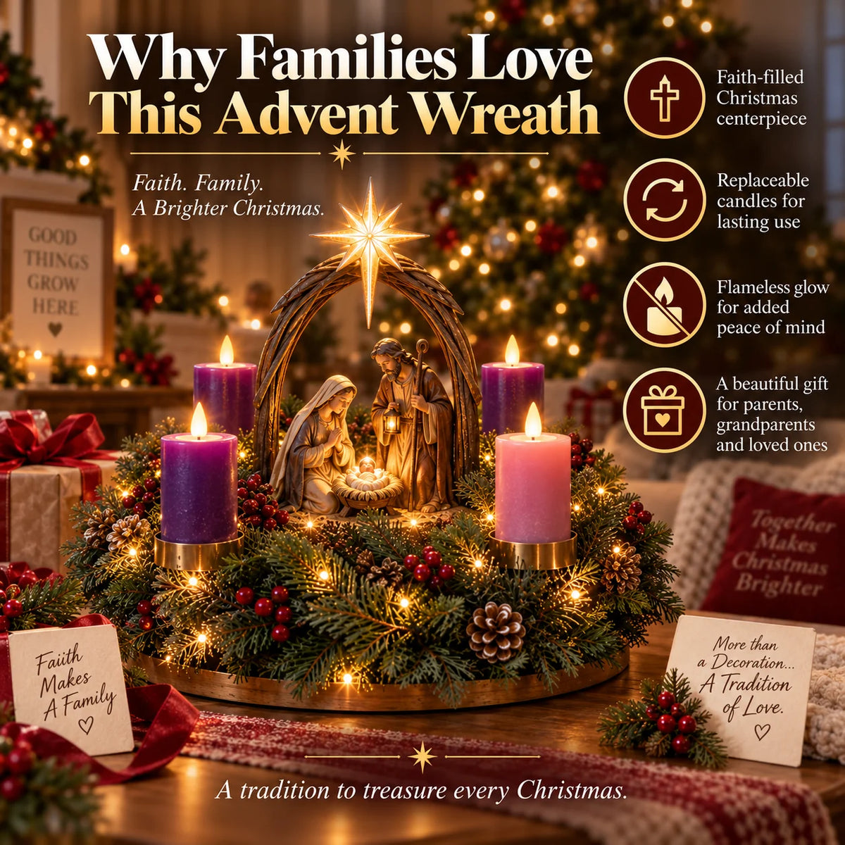✝️ Lighted Nativity Advent Wreath – A Sacred 4-week Christmas Tradition🕯️