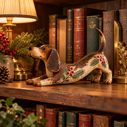 Christmas Dachshund Figurine – Rustic Farmhouse Holiday Dog Decor With Holly & Evergreen Accents