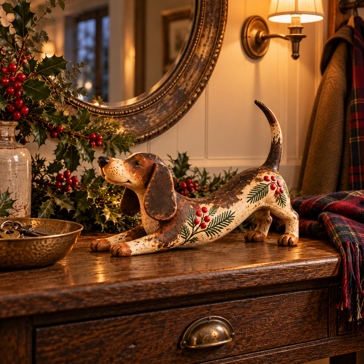 Christmas Dachshund Figurine – Rustic Farmhouse Holiday Dog Decor With Holly & Evergreen Accents