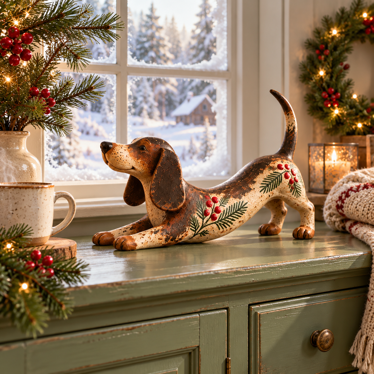 Festive dachshund figurine near a snowy Christmas window