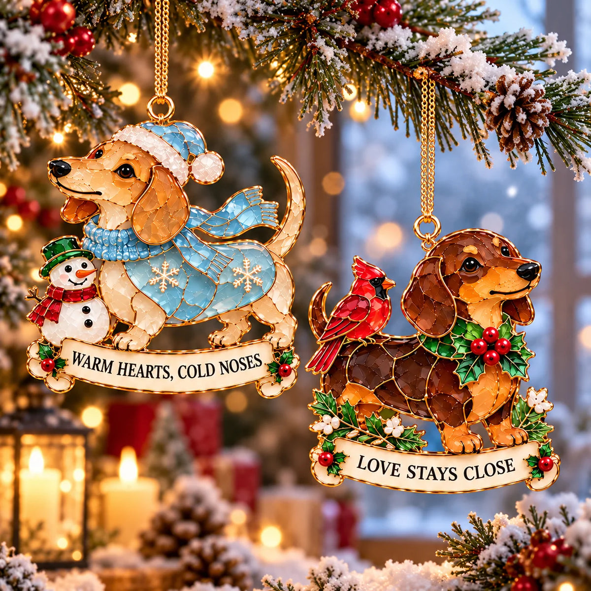 🐾🎄 Dachshund Christmas Ornaments Set Of 6 - Stained Glass Style