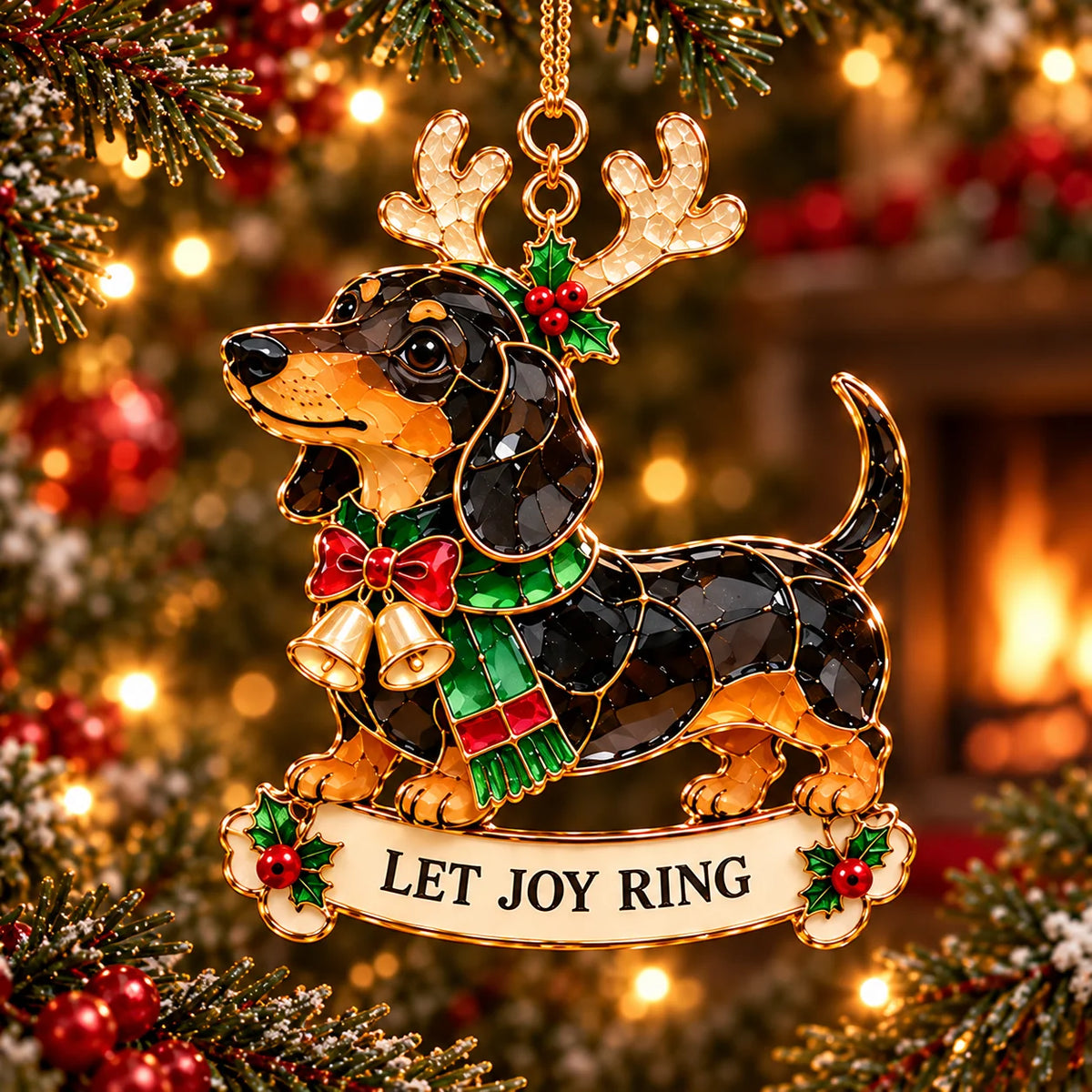 🐾🎄 Dachshund Christmas Ornaments Set Of 6 - Stained Glass Style