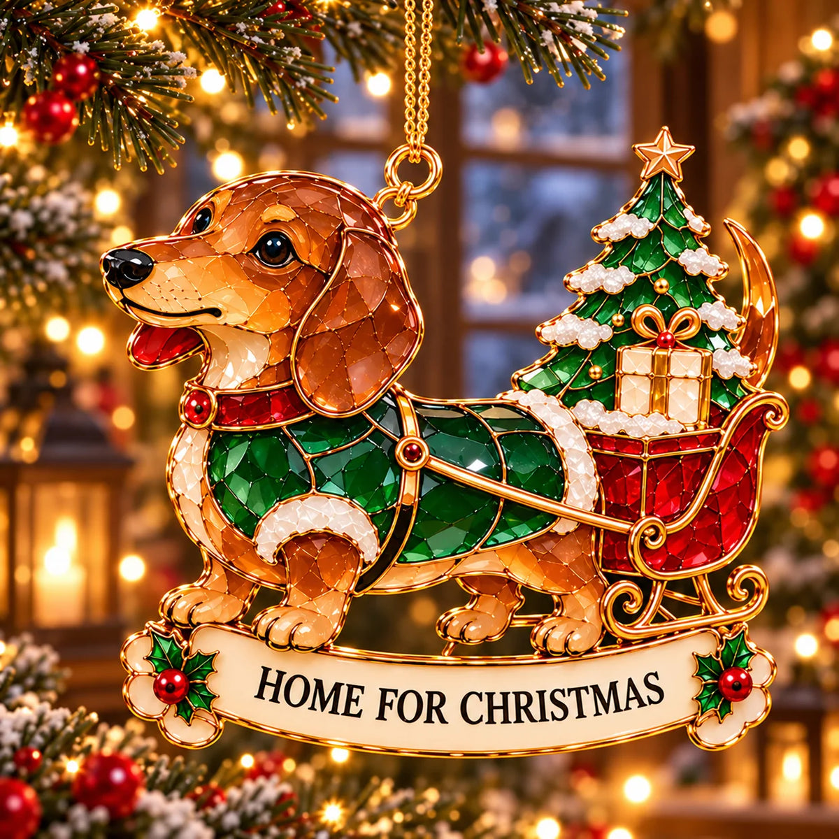 🐾🎄 Dachshund Christmas Ornaments Set Of 6 - Stained Glass Style