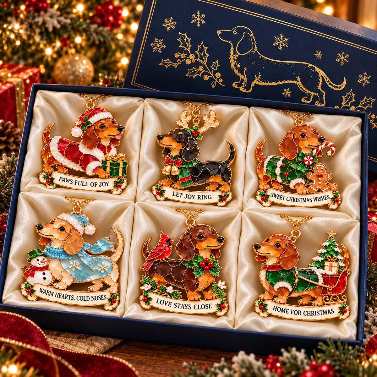 🐾🎄 Dachshund Christmas Ornaments Set Of 6 - Stained Glass Style