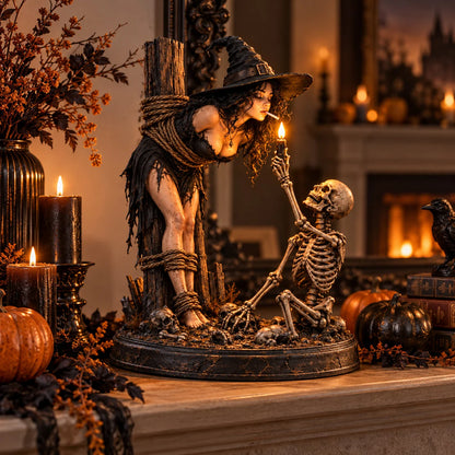 🧙 Witch & Skeleton Candle Scene Figurine – Dark Gothic Halloween Tabletop Decor