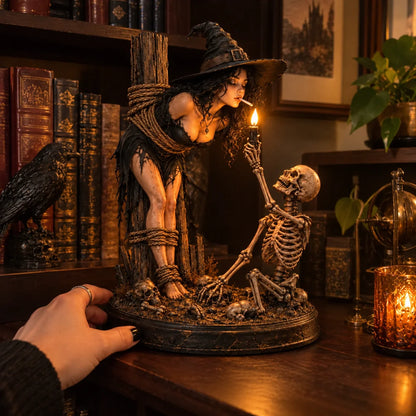 🧙 Witch & Skeleton Candle Scene Figurine – Dark Gothic Halloween Tabletop Decor