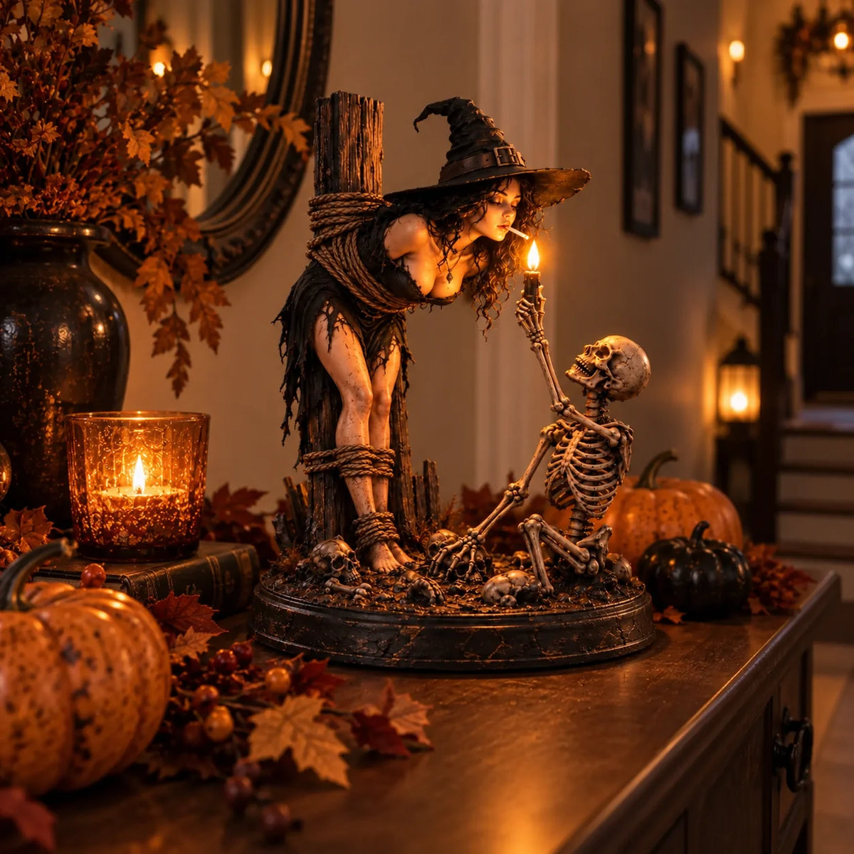 🧙 Witch & Skeleton Candle Scene Figurine – Dark Gothic Halloween Tabletop Decor