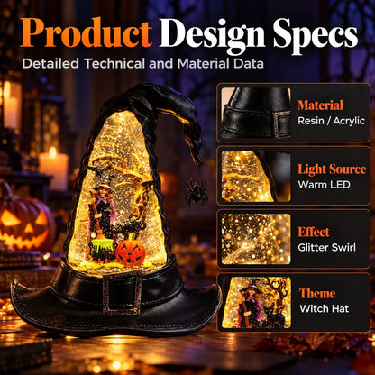 Halloween Witch Hat Lighted Water Lantern With Glitter Swirl And Festive Led Glow