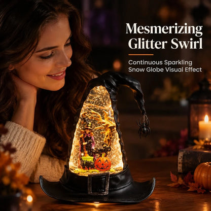 Halloween Witch Hat Lighted Water Lantern With Glitter Swirl And Festive Led Glow